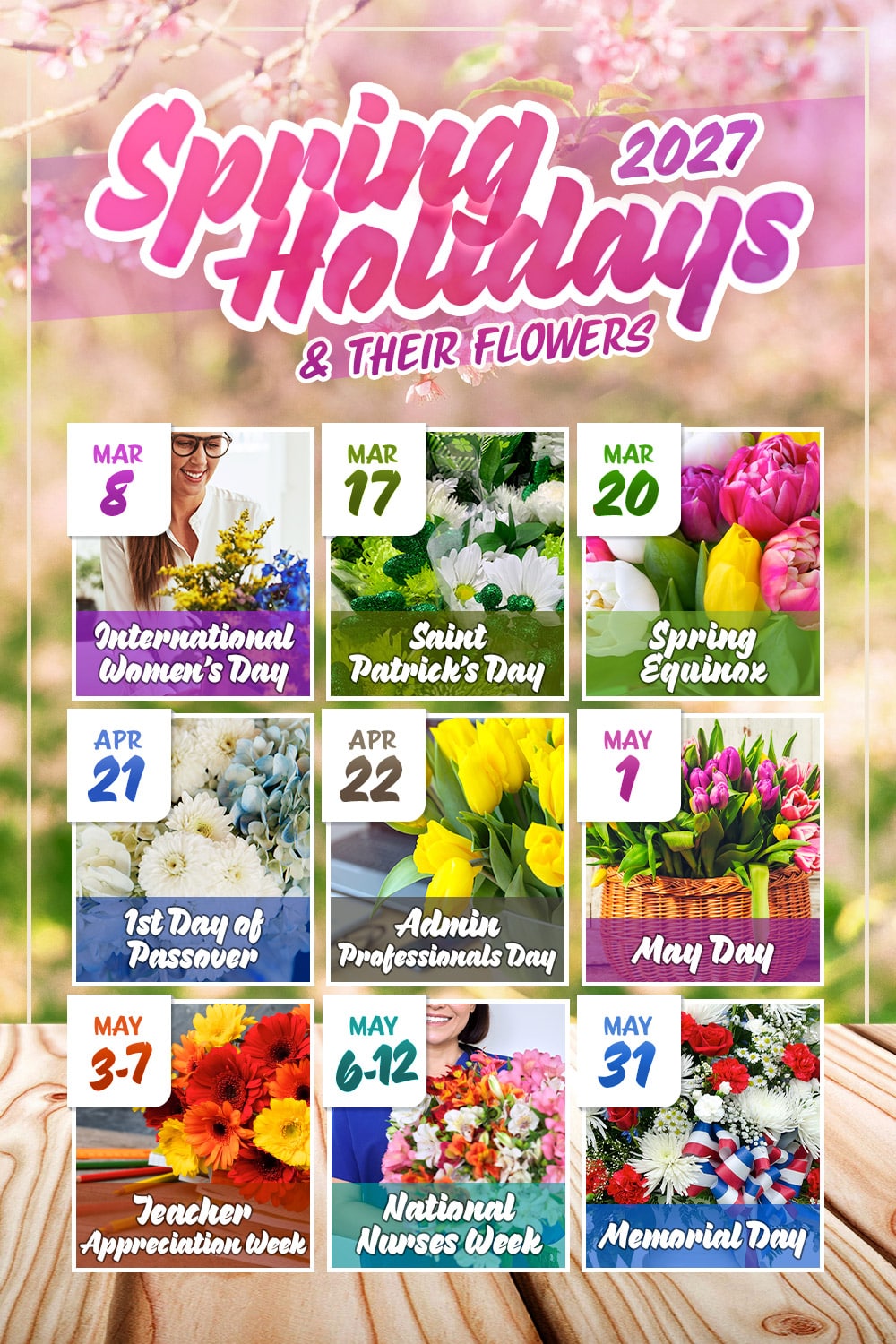 A colorful calendar highlights various spring holidays with corresponding flower themes: International Women's Day (Mar 8), Saint Patrick's Day (Mar 17), Spring Equinox (Mar 20), 1st Day of Passover (Apr 21), Admin Professionals Day (Apr 28), May Day (May 1), Teacher Appreciation Week (May 3-7), National Nurses Week (May 6-12), Memorial Day (May 31). Text: "Spring Holidays 2027 & Their Flowers."