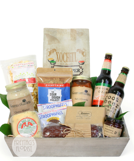 A combination of sweet and savory Texas artisanal foods sorted in a perfect-sized wooden crate that will satisfy both types of cravings and make a perfect gift!
