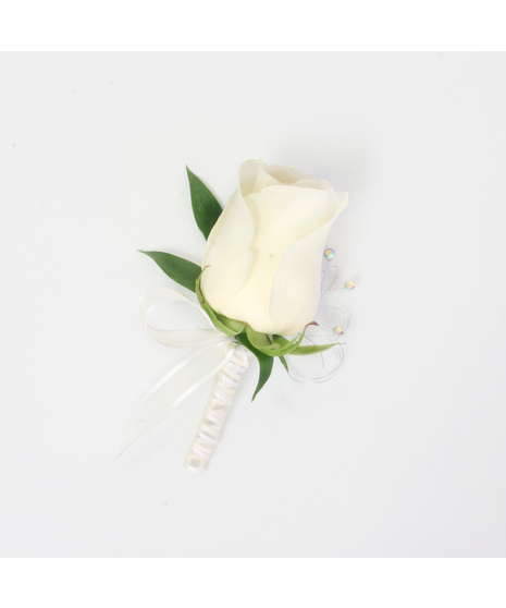 This simple rose boutonniere includes a rose bloom, Italian Ruscus green accents, and white ribbon.