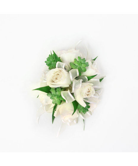 You can never go wrong with a simple spray rose corsage with rose blooms, Italian Ruscus green accents, and white ribbon.